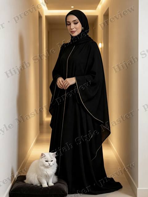 Look preview: black abaya and gold trim, glowing hallway, Majesty on a velvet cushion