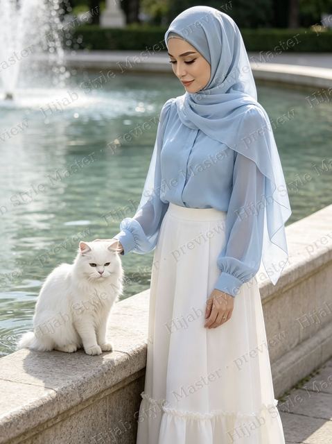 Look preview: sky blue chiffon blouse and white tiered maxi skirt, fountain, Majesty on the ledge