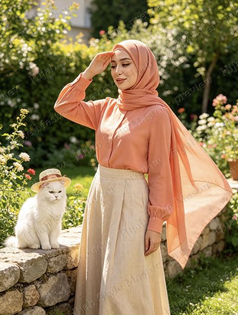 Look preview: coral blouse and oatmeal linen maxi skirt, summer garden, Majesty in a straw hat