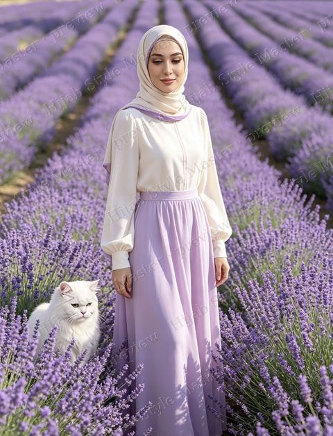Cream blouse and lilac maxi skirt in a lavender field, with Majesty the white cat