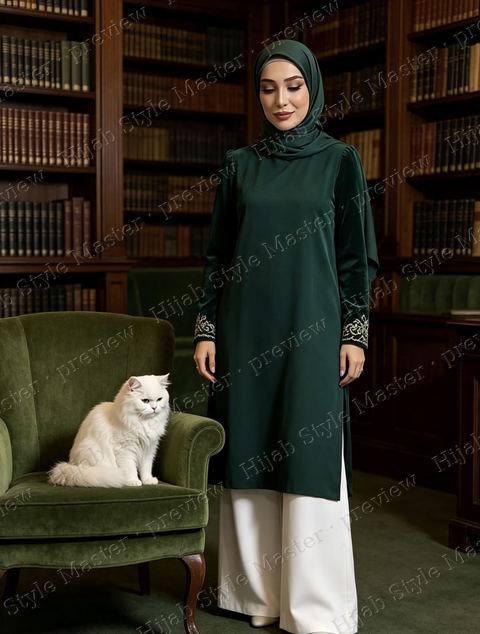 Emerald velvet tunic in a library, with Majesty on a velvet armchair