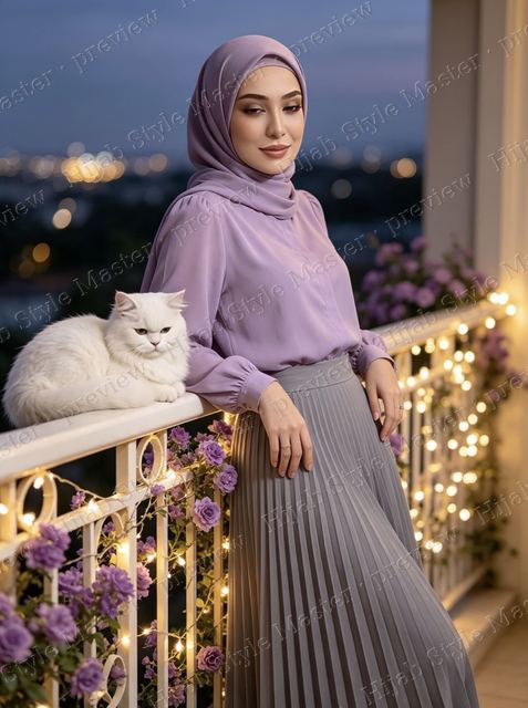 Look preview: lilac blouse and grey pleated maxi skirt, balcony at dusk, Majesty on the railing