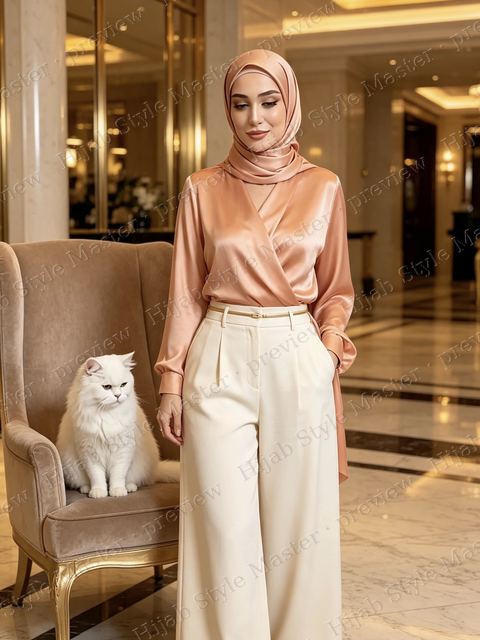 Look preview: peach satin wrap blouse and cream trousers, hotel lobby, Majesty on the armchair