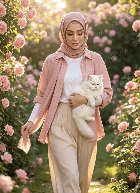 Pink overshirt and beige trousers in a rose garden, holding Majesty the white cat