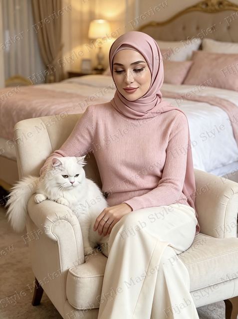Look preview: pink sweater and cream trousers, soft bedroom, Majesty on the armchair