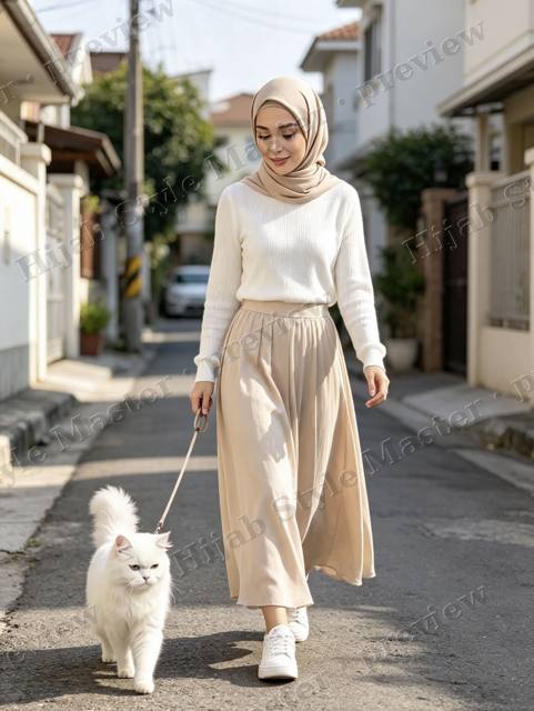 Look preview: white knit sweater and beige maxi skirt, quiet street, Majesty on a walk