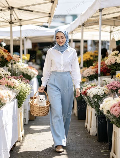 Look preview: white shirt and sky blue wide-leg trousers, flower market, Majesty in a basket