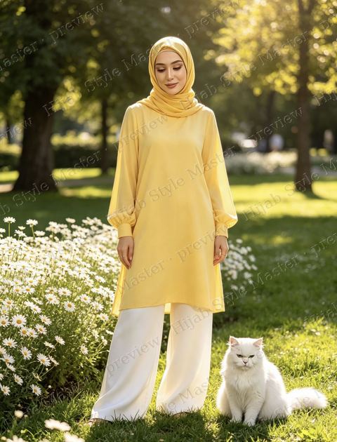Look preview: yellow tunic and white wide-leg trousers, sunny park, Majesty on the grass
