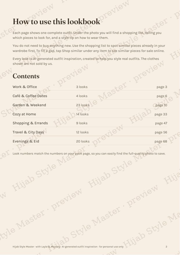 The contents page, listing looks grouped by occasion