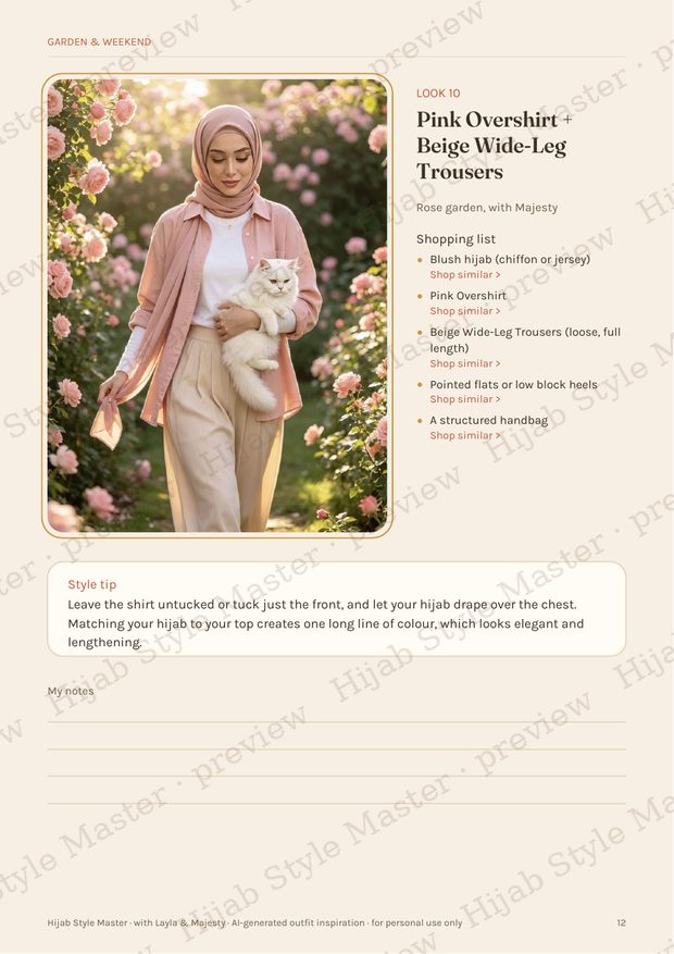 A lookbook page: pink overshirt and beige trousers with shopping list, style tip and shop similar links